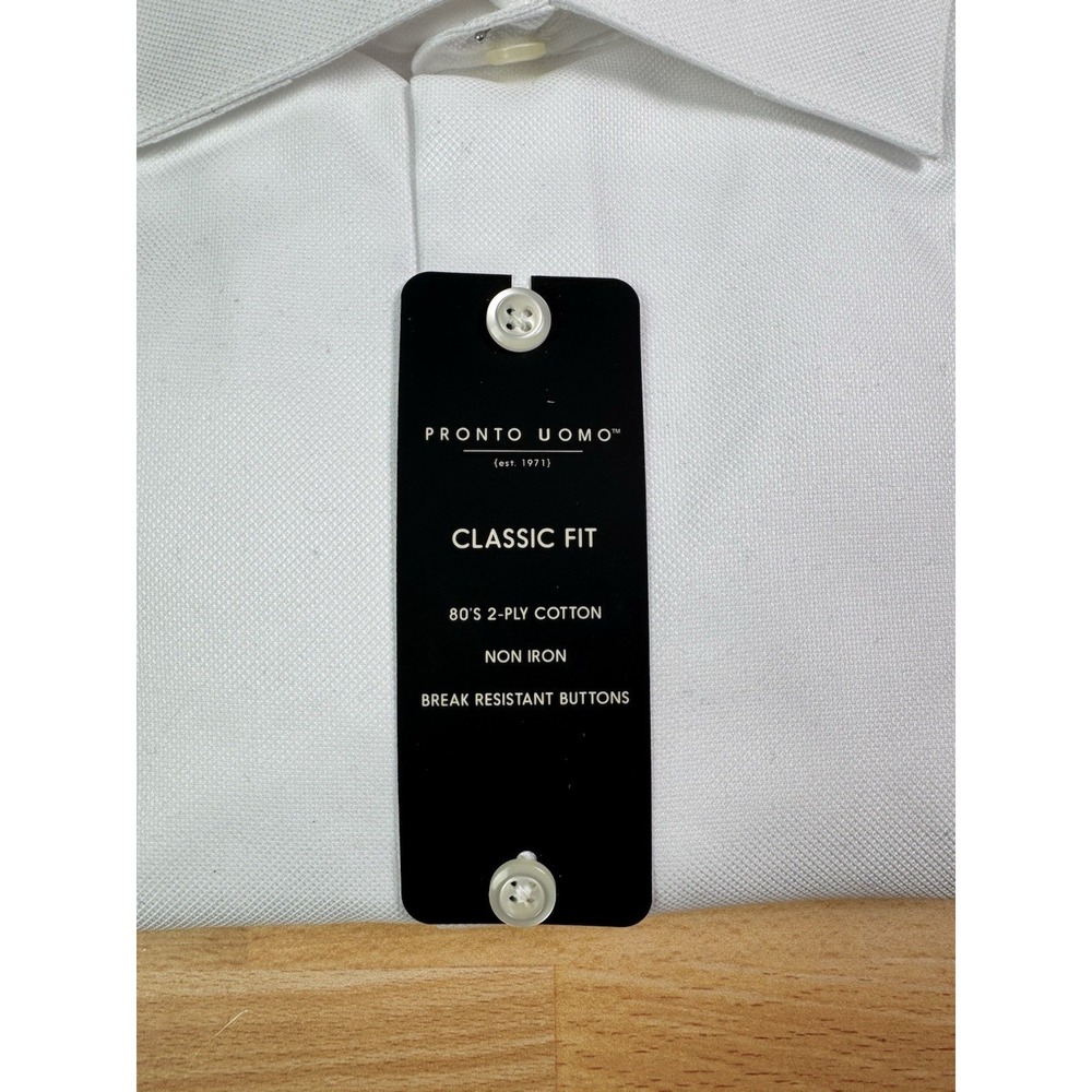 Pronto Uomo Non-Iron Dress Shirt Classic Fit White 100% Cotton 22 34/35 - Picture 3 of 6